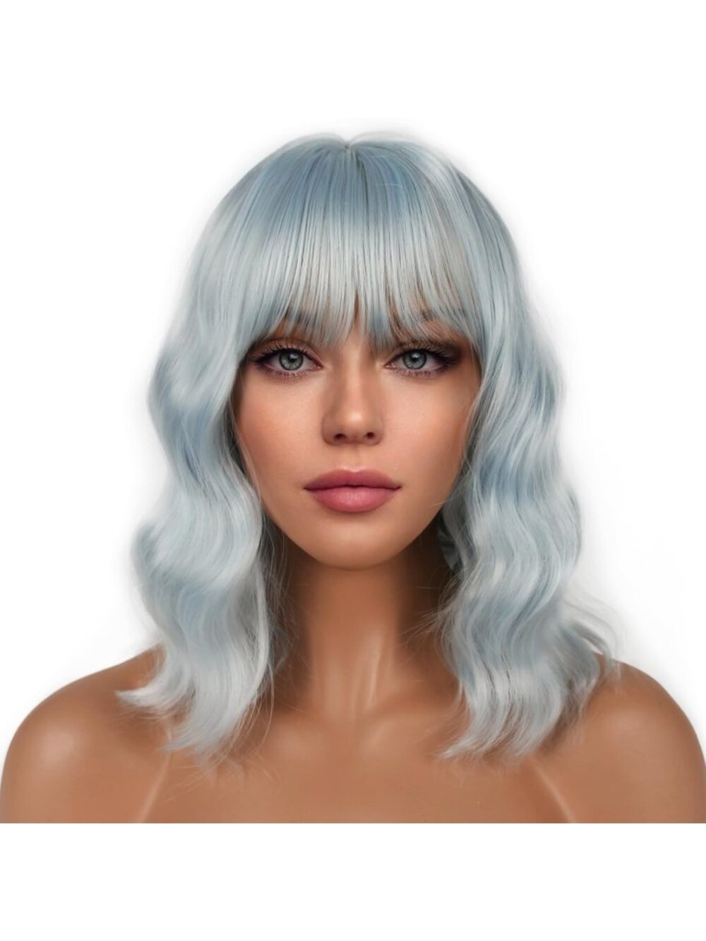 Woman's Ice Blue Short Bob Wig with Bangs Loose Wavy Synthetic Curly Cosplay